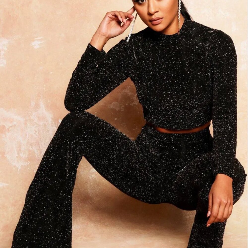 Boohoo Sparkly Trouser & Crop Top Co-ord Set – Size Small
